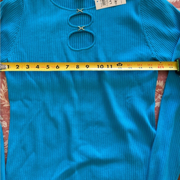 NWT INC International Concepts by Macy's Blue Ribbed Top w buckle detail SZ L - Picture 7 of 8